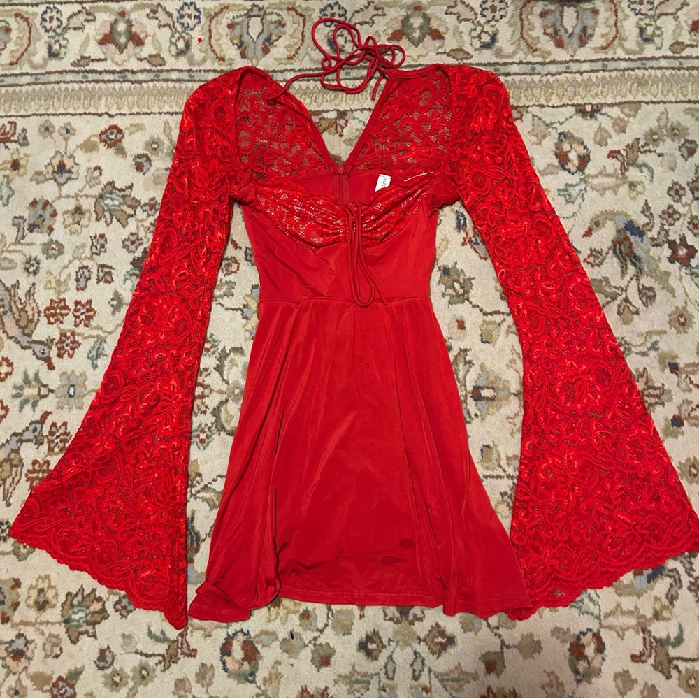 Lucy In The Sky Red Lace Bell Sleeve Dress
